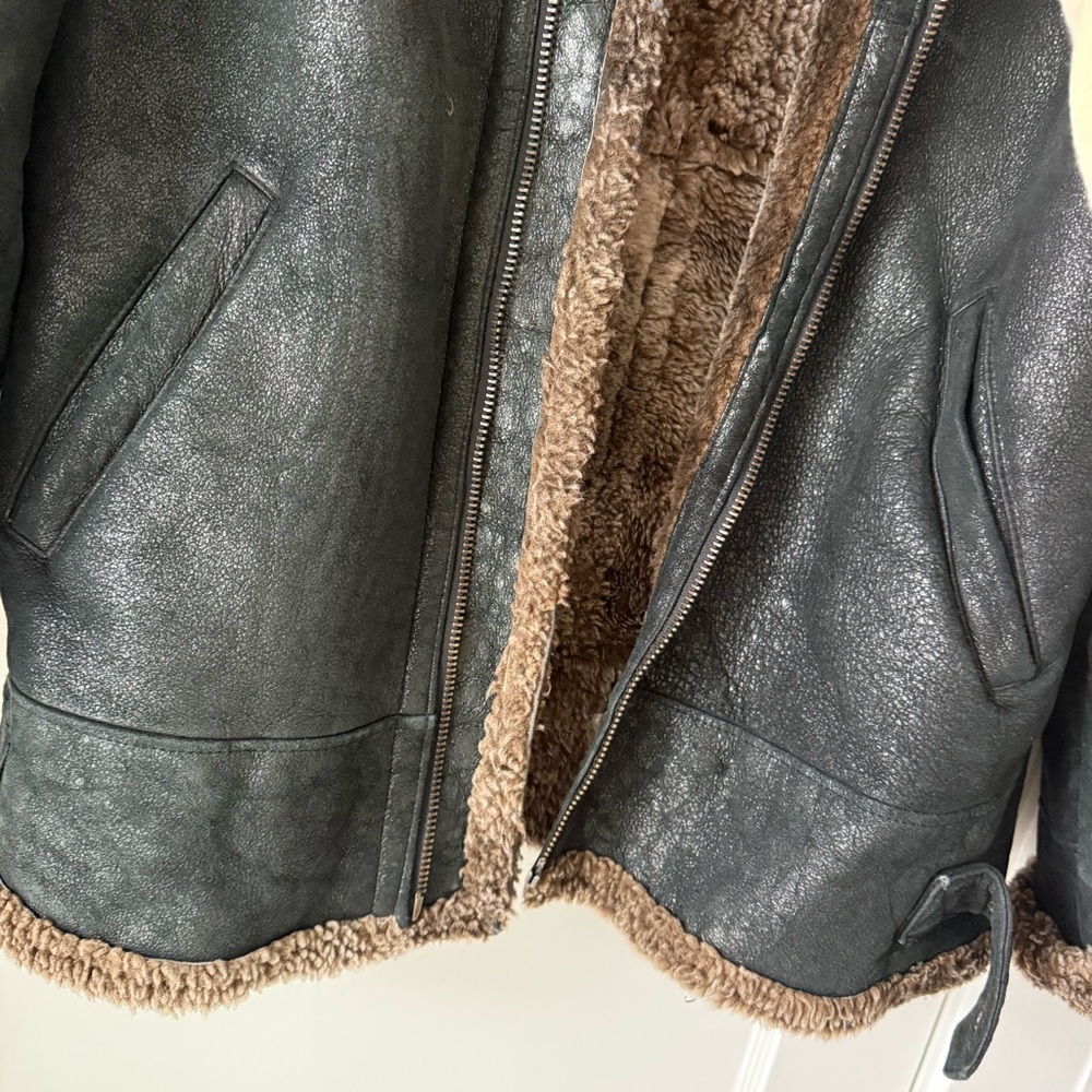 Vintage Green Black Shearling Sheepskin Jacket with Brown Lining Sz L - Picture 3 of 7